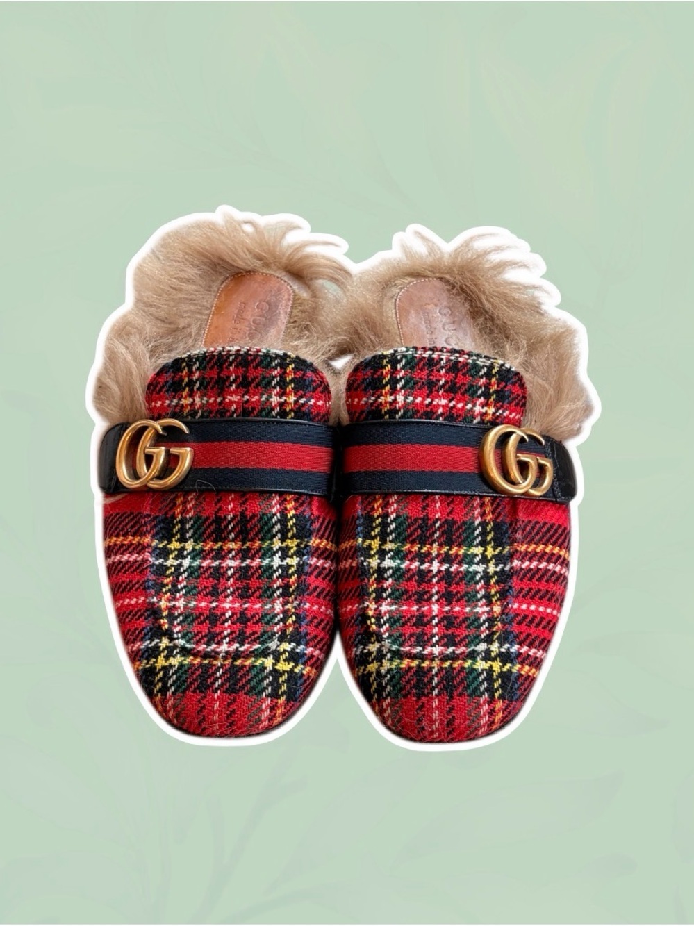 Gucci Red Plaid Fur-Lined Marmont Mules with Gold Hardware